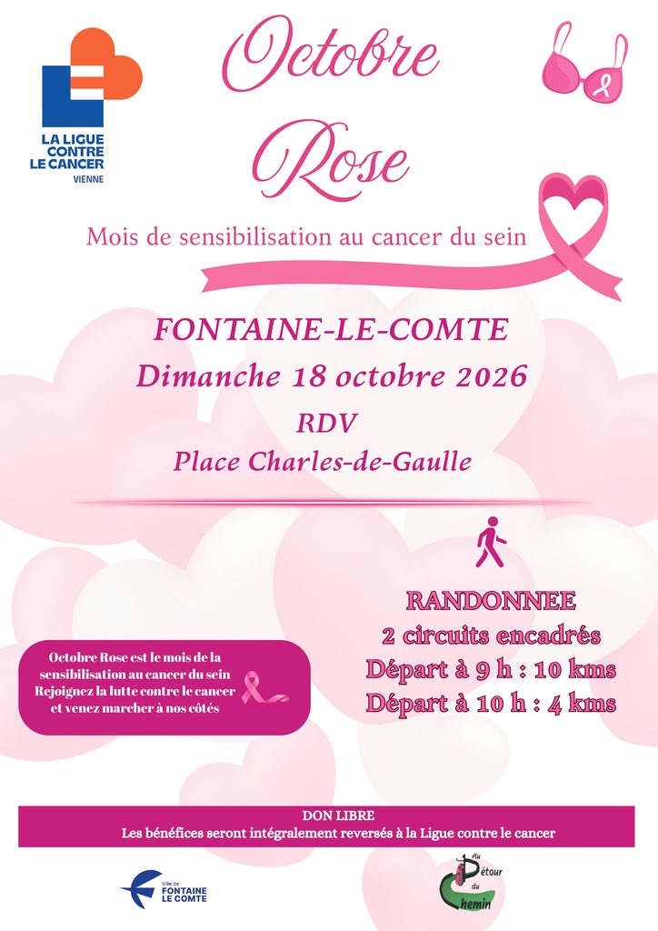 Affichage : Octobre Rose à Fontaine-le-Comte, marche contre le cancer du sein le 18/10/2026, 10 km et 4 km.