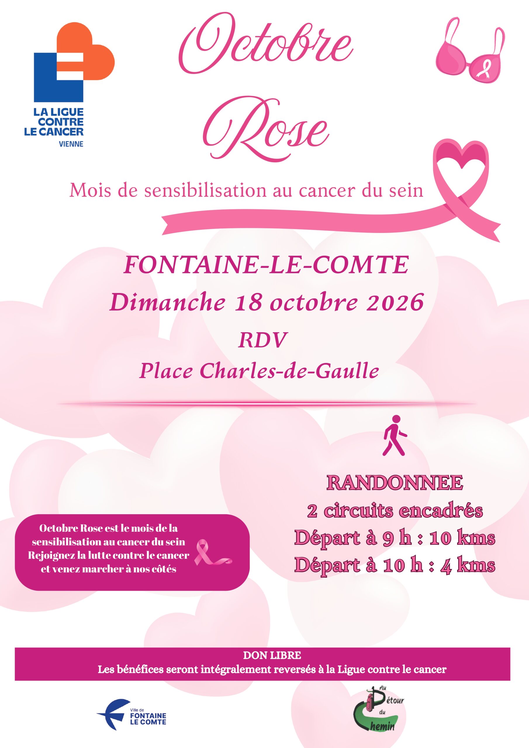 Affichage : Octobre Rose à Fontaine-le-Comte, marche contre le cancer du sein le 18/10/2026, 10 km et 4 km.