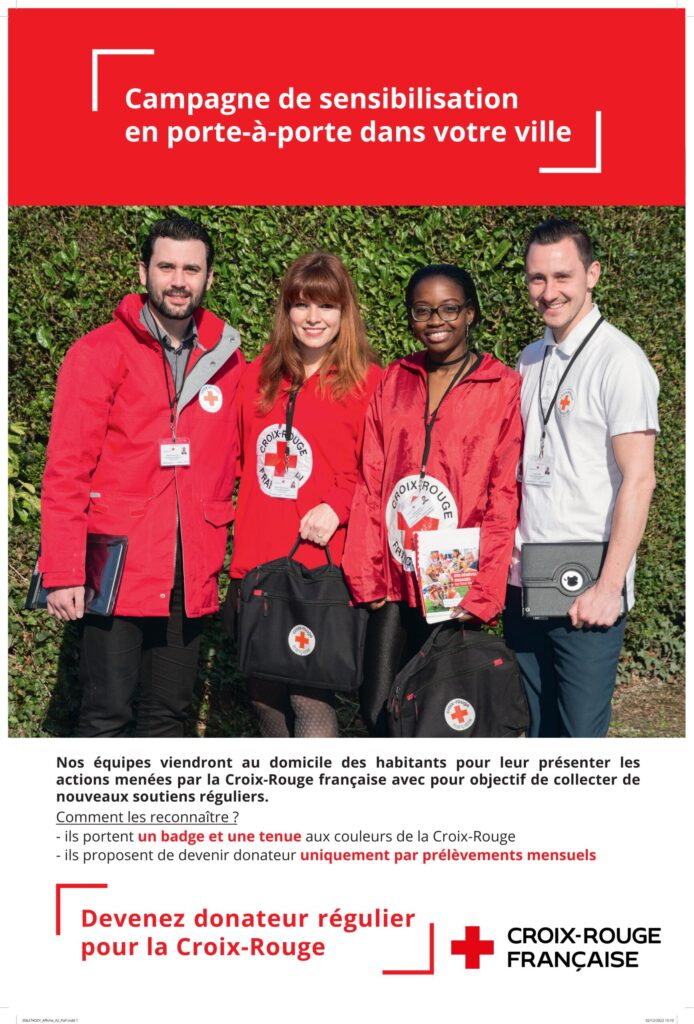 Affichage : Campagne Croix-Rouge française, sensibilisation porte-à-porte, bénévoles en tenue rouge avec badges, collecte
