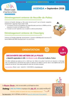 Agenda septembre 2026 de la Mission Locale du Poitou : déménagements, orientation métiers police le 8 septembre, et appel 