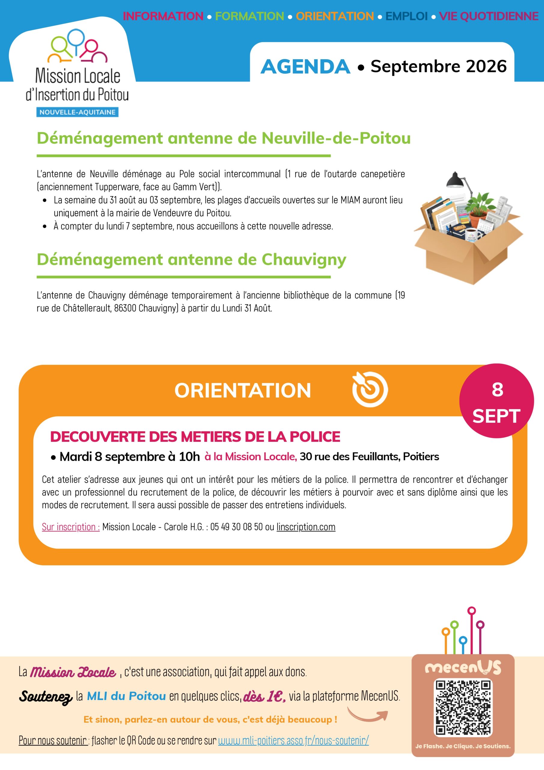 Agenda septembre 2026 de la Mission Locale du Poitou : déménagements, orientation métiers police le 8 septembre, et appel