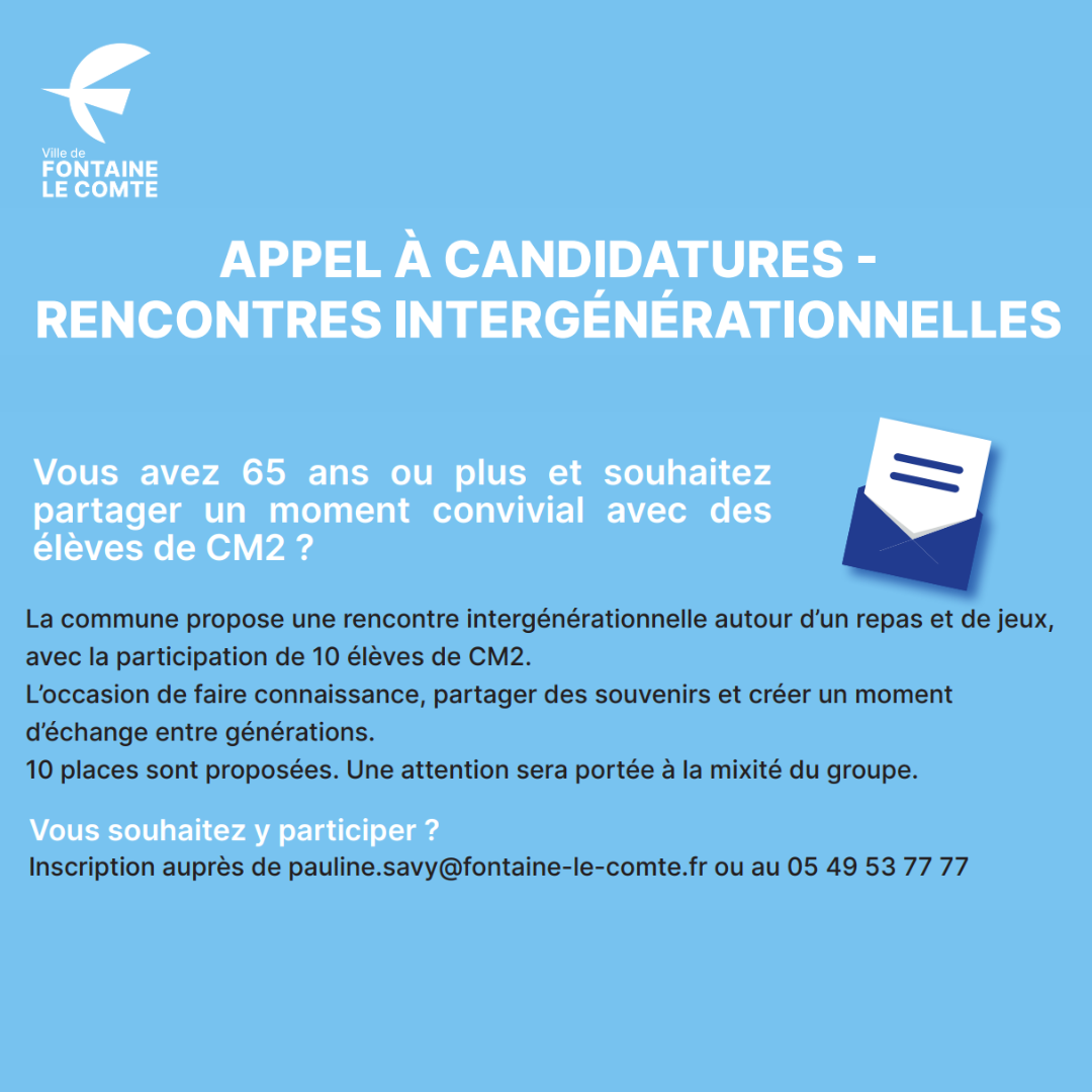 Appel à candidatures : Rencontres intergénérationnelles pour seniors (65+) avec des élèves de CM2 à Fontaine-le-Comte.