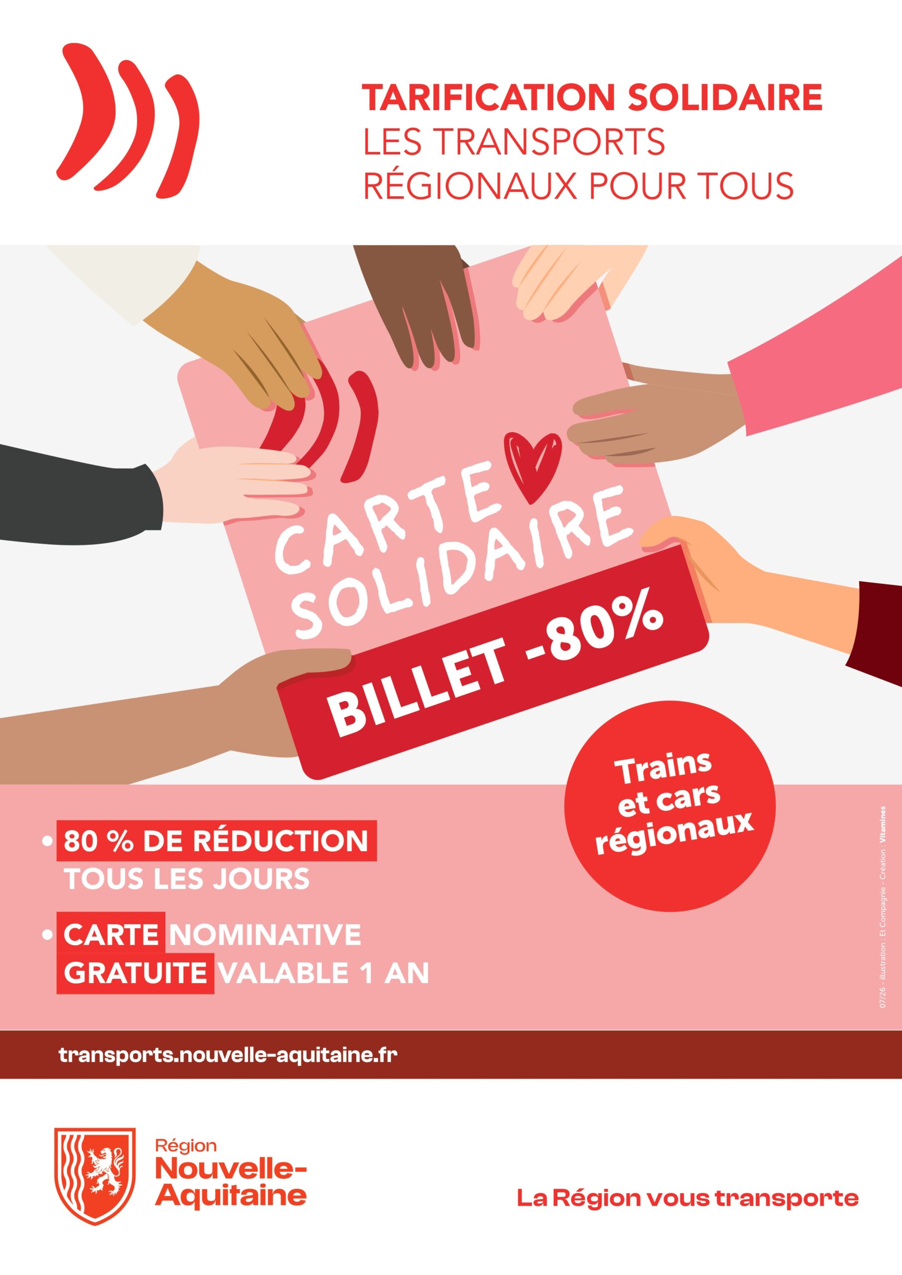 Affiche : Carte Solidaire Nouvelle-Aquitaine, -80% sur billets trains et cars régionaux, valable 1 an. 80% réduction tous l