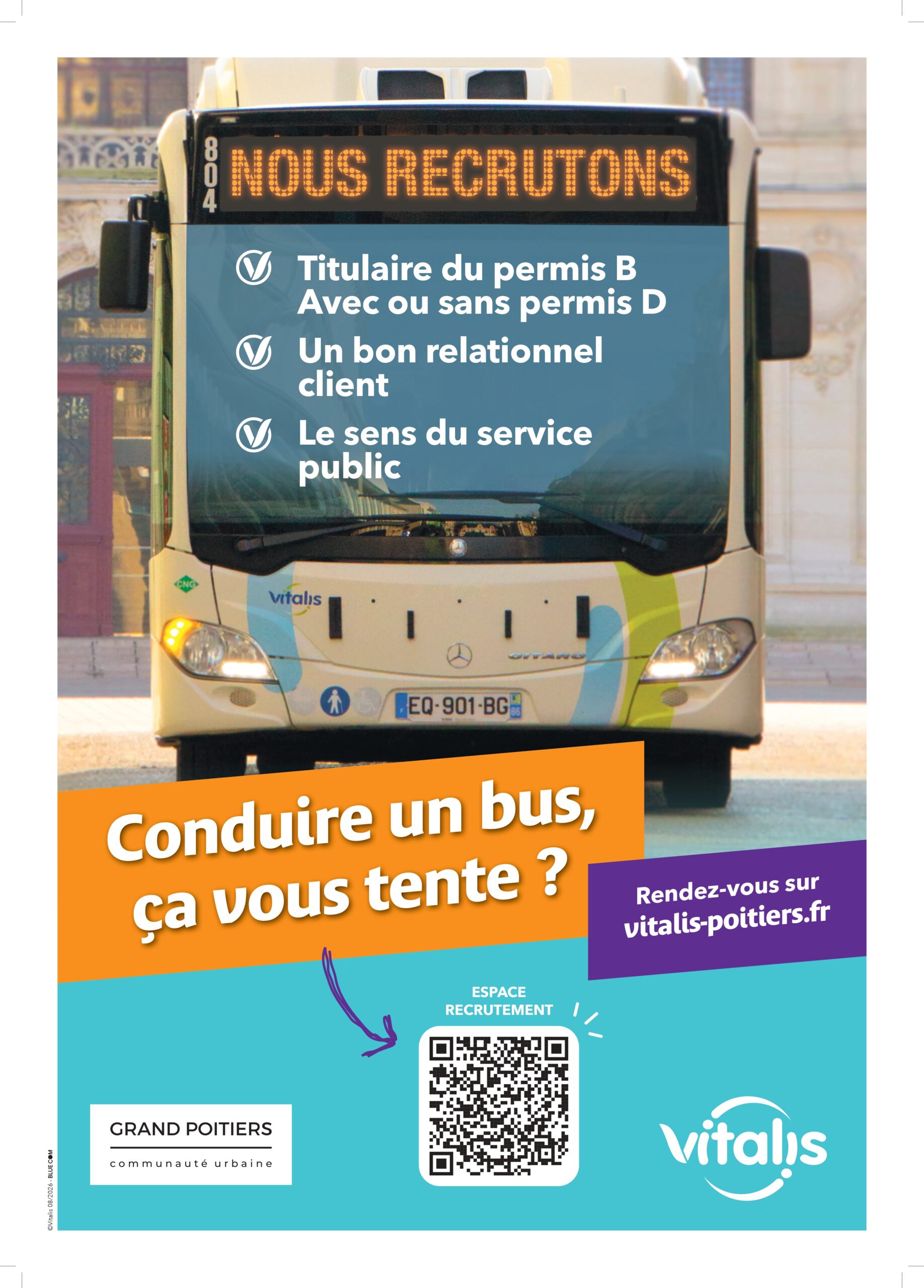 Affichage recrutement Vitalis : Bus Grand Poitiers recherche conducteurs avec permis B, sens relationnel et service public.
