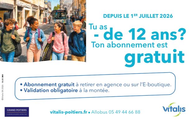 Abonnement gratuit transport : dès 12 ans, gratuit depuis le 1er juillet 2026 à Grand Poitiers. Retrait en agence ou en lig
