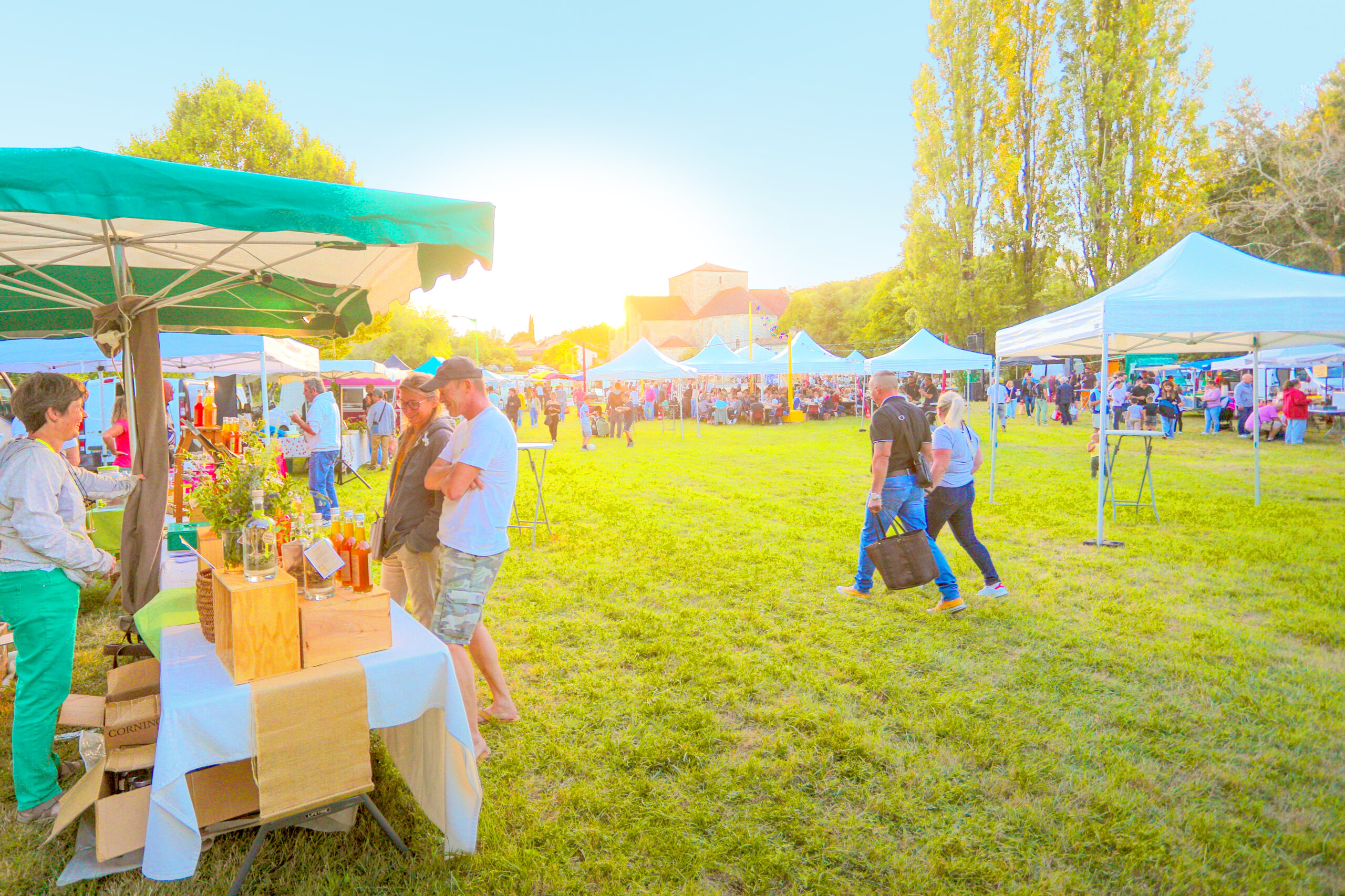 Fête en plein air avec stands sous tentes, vendeurs et visiteurs sur un champ herbeux ensoleillé.