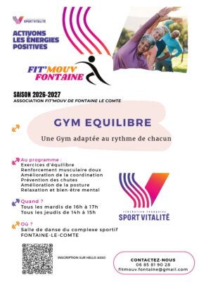 Affichage : Gym Équilibre - Fit'Mouv Fontaine 2026-2027. Séances adaptées, équilibre, renforcement musculaire. Mardis/Jeu