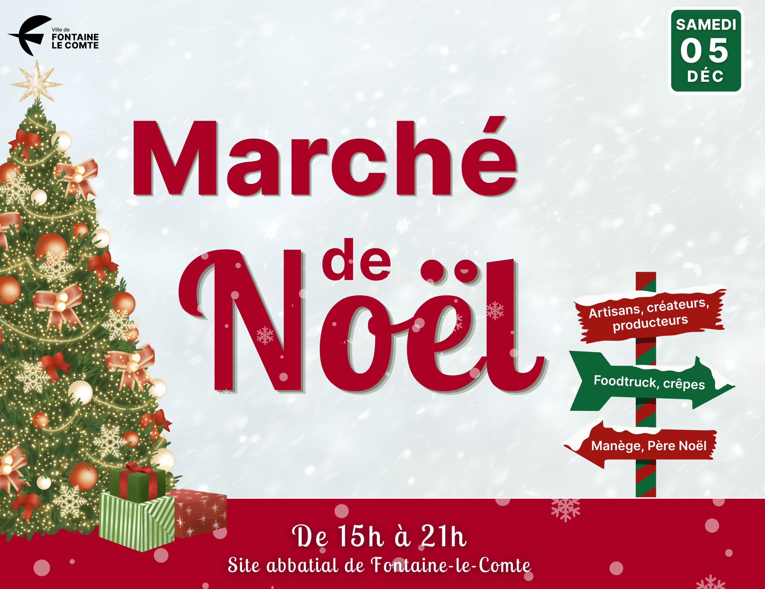 Marché de Noël à Fontaine-le-Comte : artisans, foodtruck, manège, samedi 5 décembre de 15h à 21h.