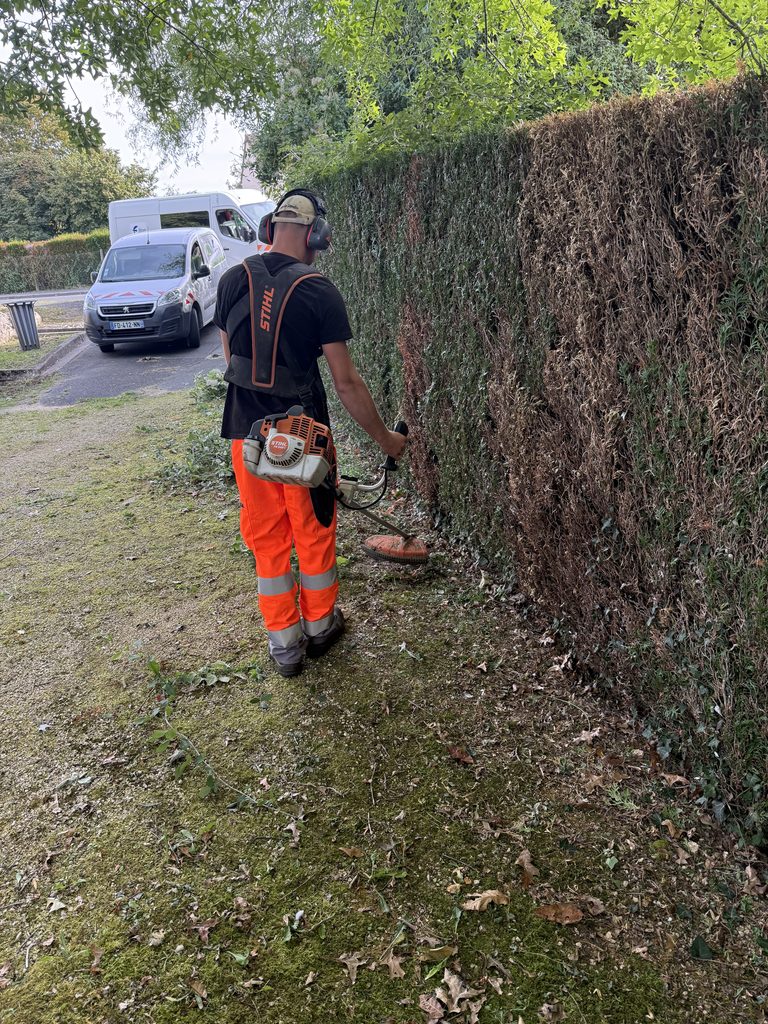 Homme en tenue orange trimming une haie avec une débroussailleuse, véhicule en arrière-plan.