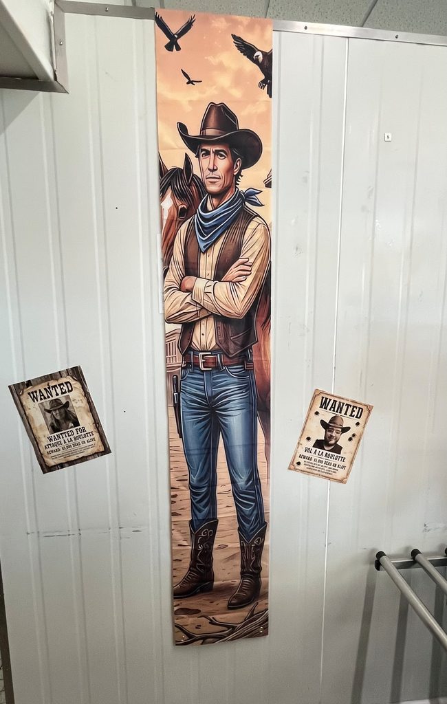 Poster western géant : cow-boy avec bandanas, armes et oiseaux, affiches "WANTED" à gauche et droite.