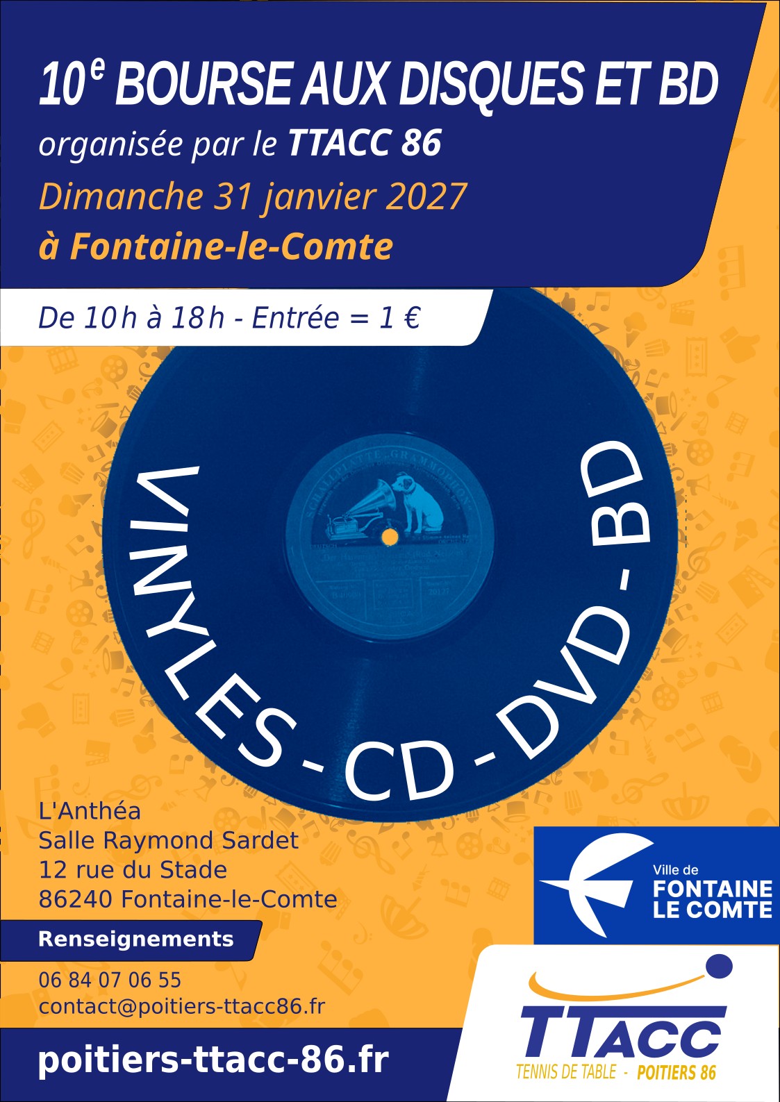 Affichage : 10e bourse aux disques, CD, BD à Fontaine-le-Comte le 31/01/2027. Entrée 1€, 10h-18h. TTACC 86.