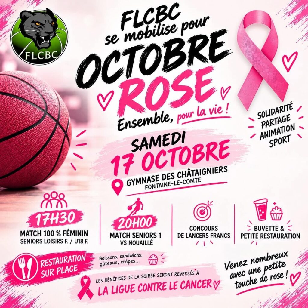 Affichage FLCBC : Octobre Rose, 17 octobre, gymnase des Châtaigniers. Événement sportif et solidaire contre le cancer.