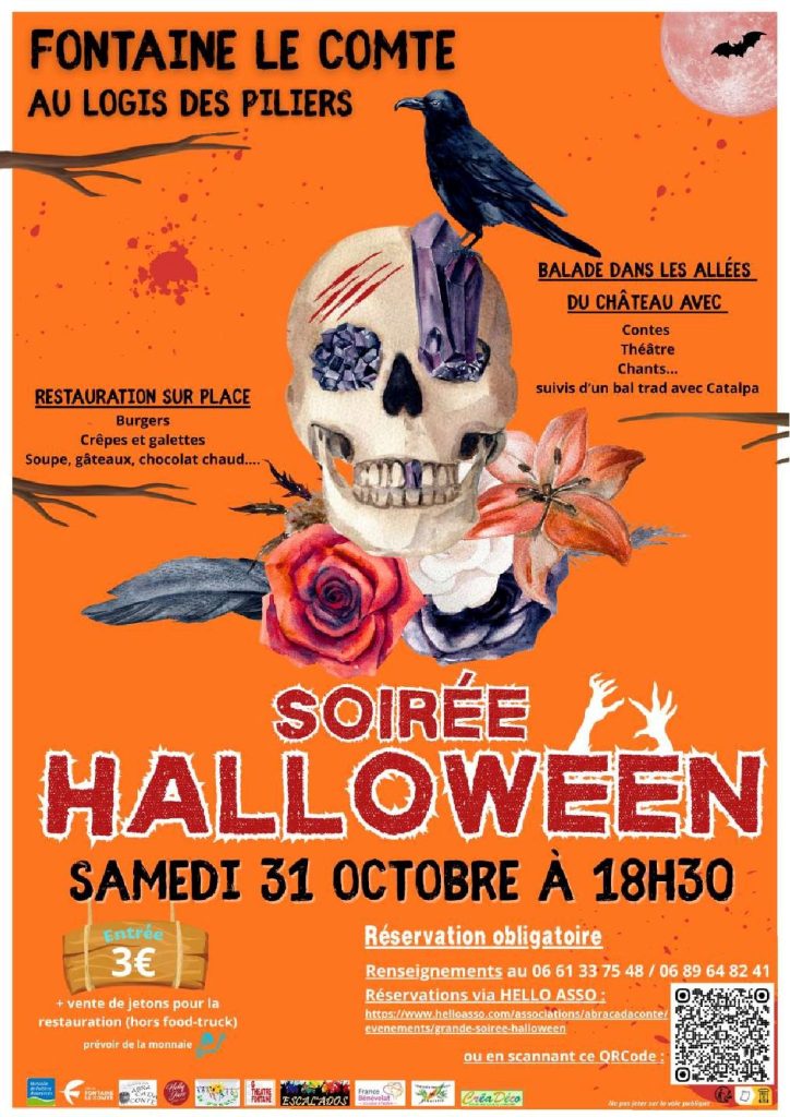 Poster Halloween : Soirée contes, théâtre et bal trad à Fontaine-le-Comte le 31/10 à 18h30. Entrée 3€, réservation o