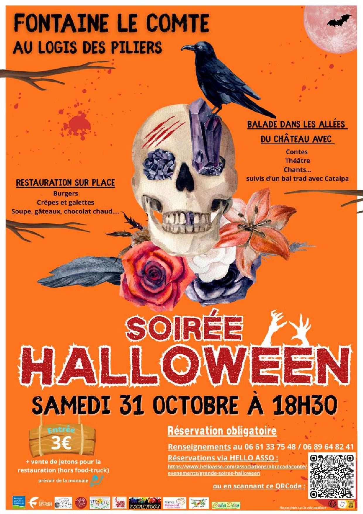 Poster Halloween : Soirée contes, théâtre et bal trad à Fontaine-le-Comte le 31/10 à 18h30. Entrée 3€, réservation o