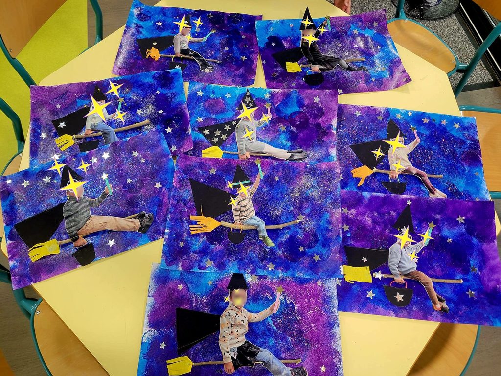 Enfants en silhouette volant parmi des étoiles sur fond cosmique coloré, collage artistique sur papier.