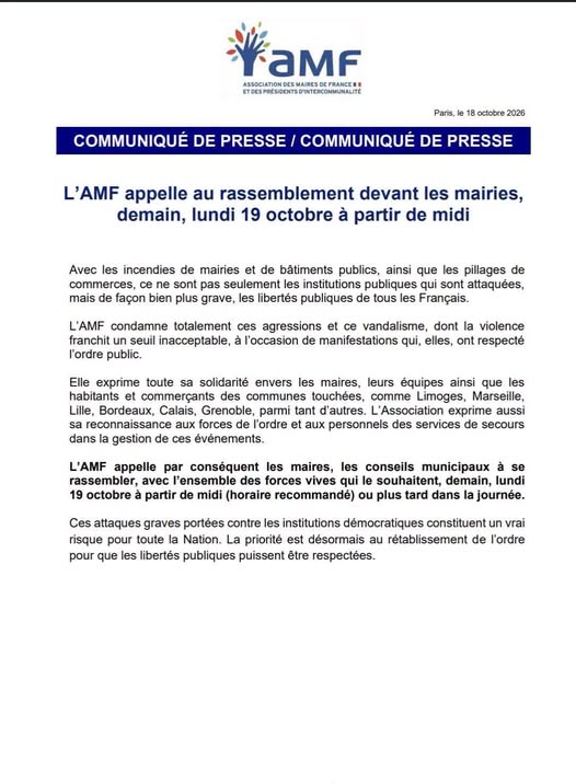 Communiqué AMF : Rassemblement devant mairies le 19/10 contre violences et vandalisme, pour défendre libertés publiques et
