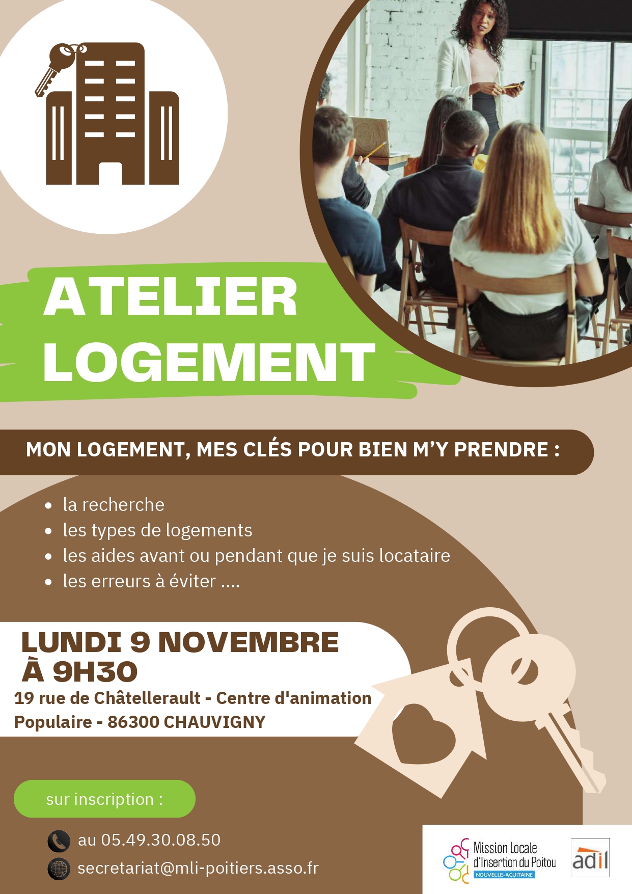 Atelier logement : "Mon logement, mes clés pour bien m’y prendre" - 9 nov à 9h30 à Chauvigny. Inscription : 05.49.30.08.