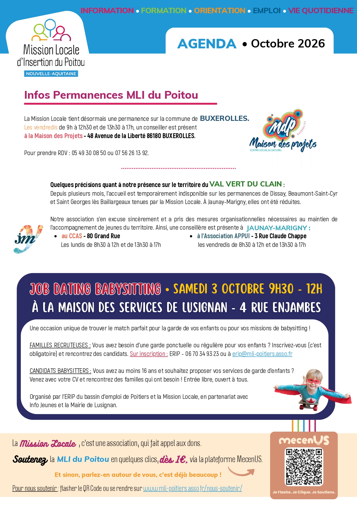 Agenda octobre 2026 : Permanences MLI du Poitou, Job Dating Babysitting, infos et soutien à la Mission Locale d’Insertion