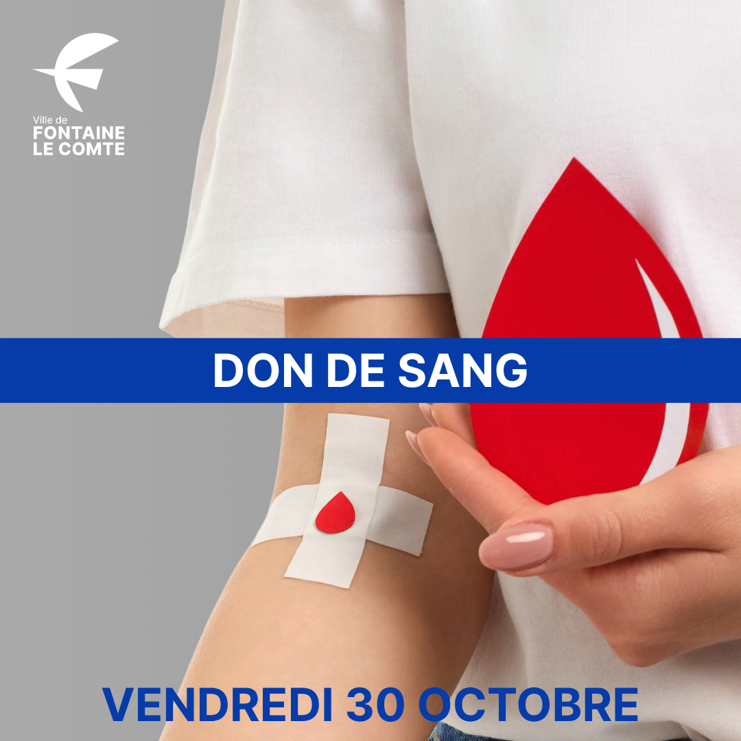 Don de sang à Fontaine-le-Comte, vendredi 30 octobre. Bandage avec goutte rouge sur bras, logo ville en haut.