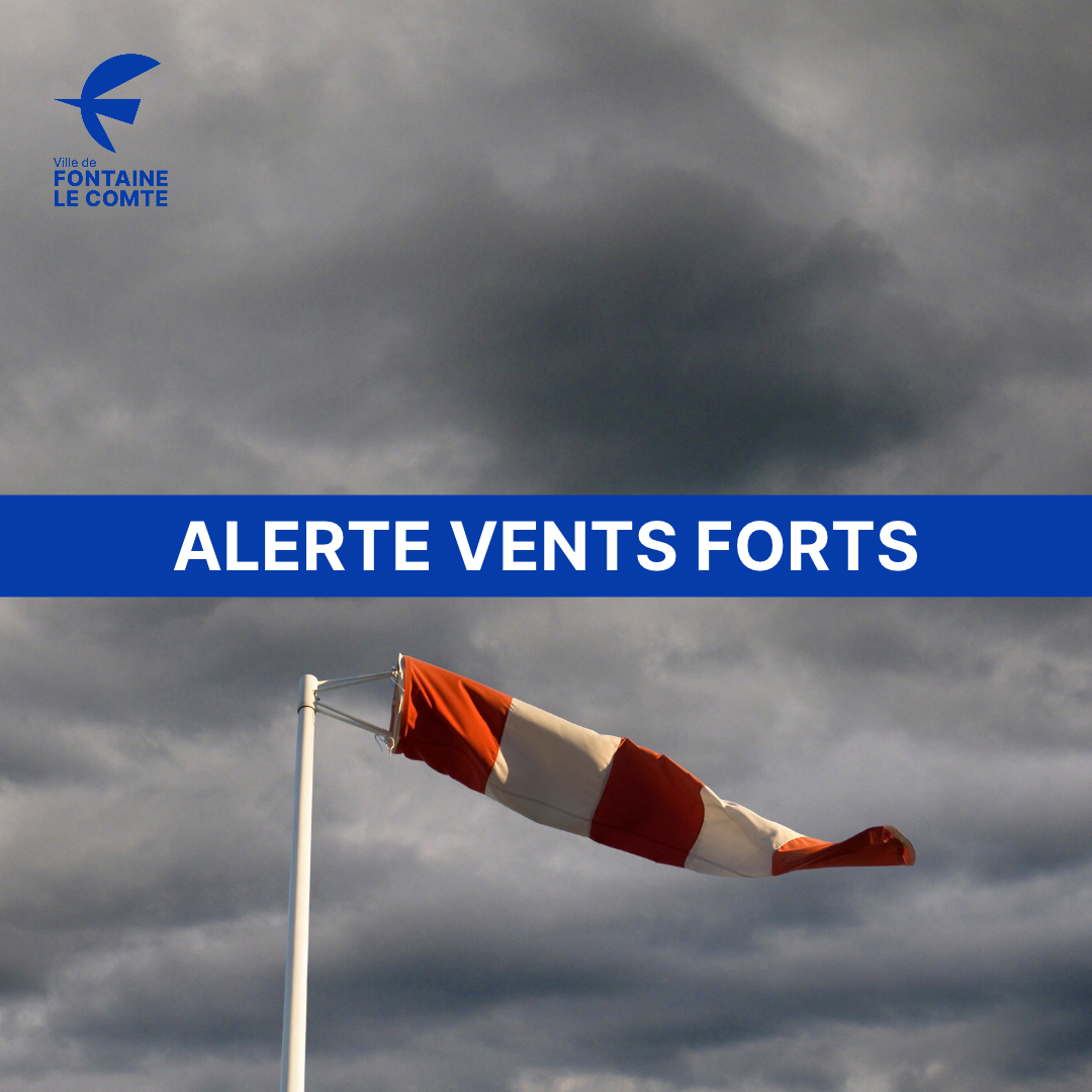 Bannière d'alerte : vents violents sous gros nuages, drapeau rouge et blanc flottant fortement. Alerte météo de la ville d