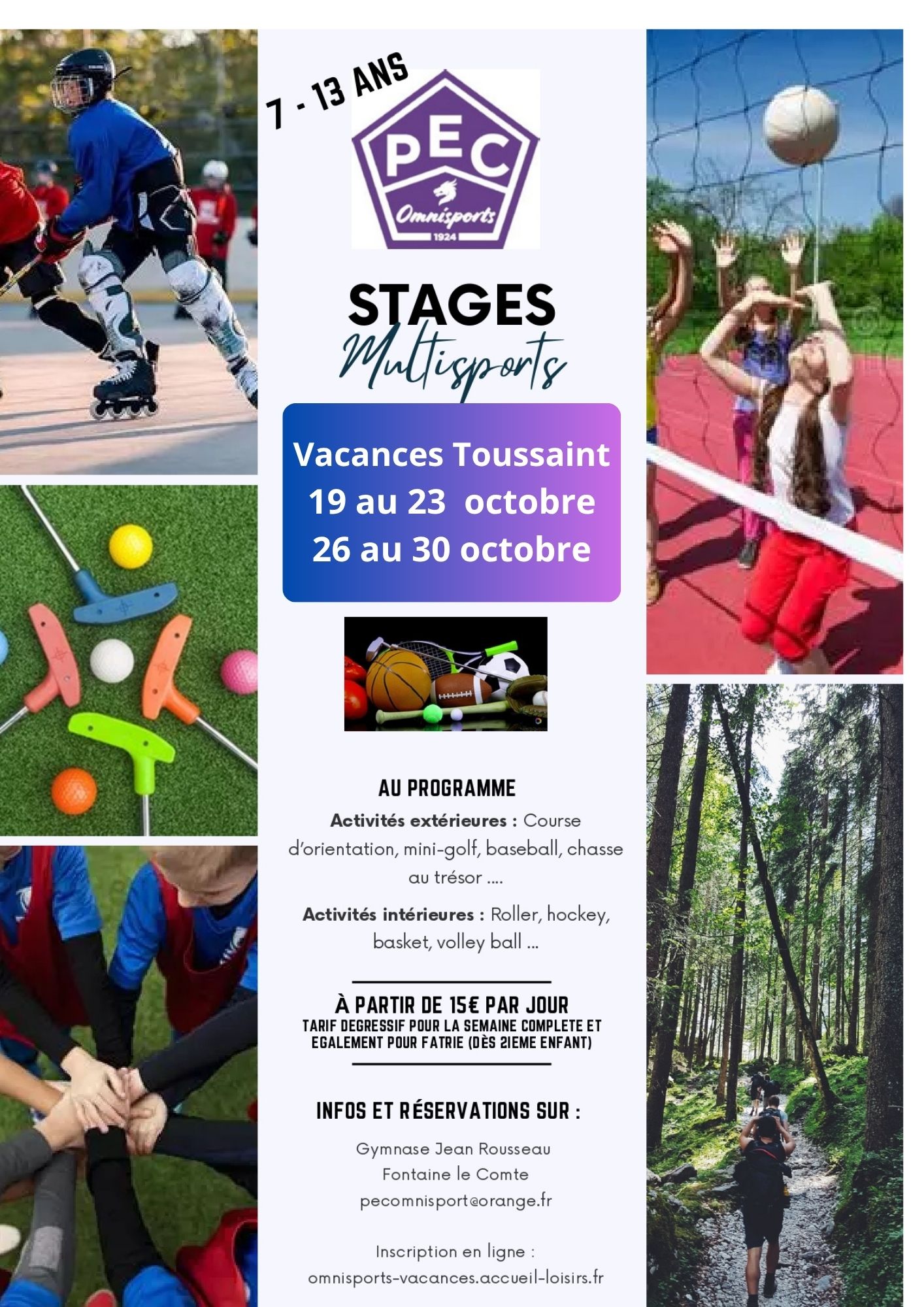 Affichage stages multisports PEC Omnisports : 7-13 ans, vacances Toussaint, activités sportives variées, 19-23 et 26-30 oct