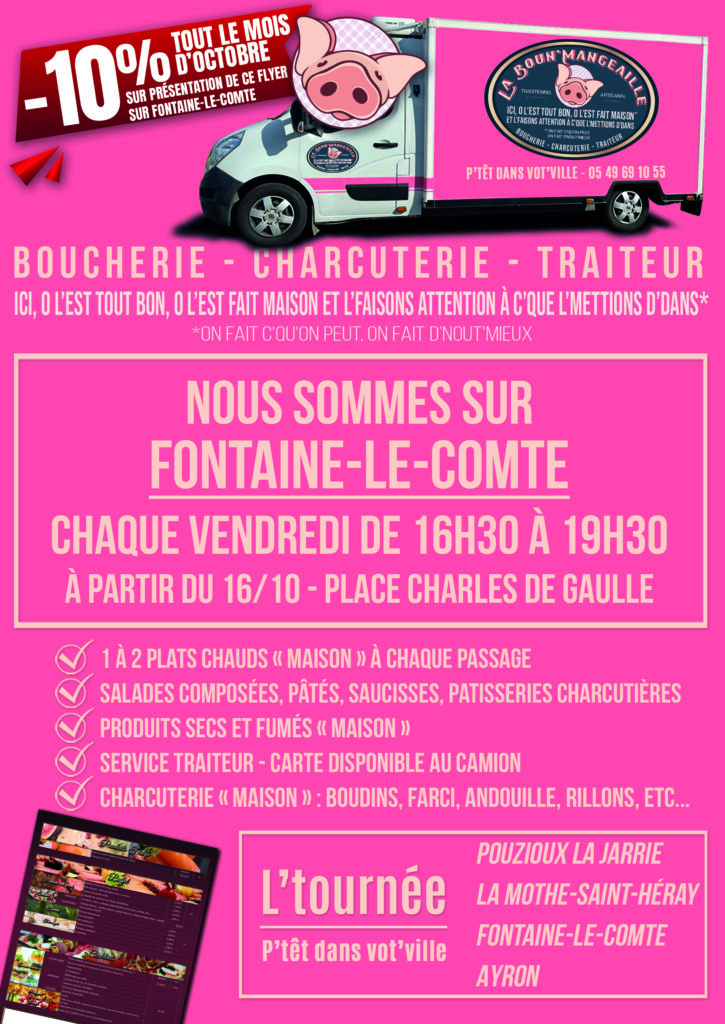 Promo boucherie-charcuterie : -10% en octobre à Fontaine-le-Comte. Camion sur place vendredi 16h30-19h30, plats chauds et pr