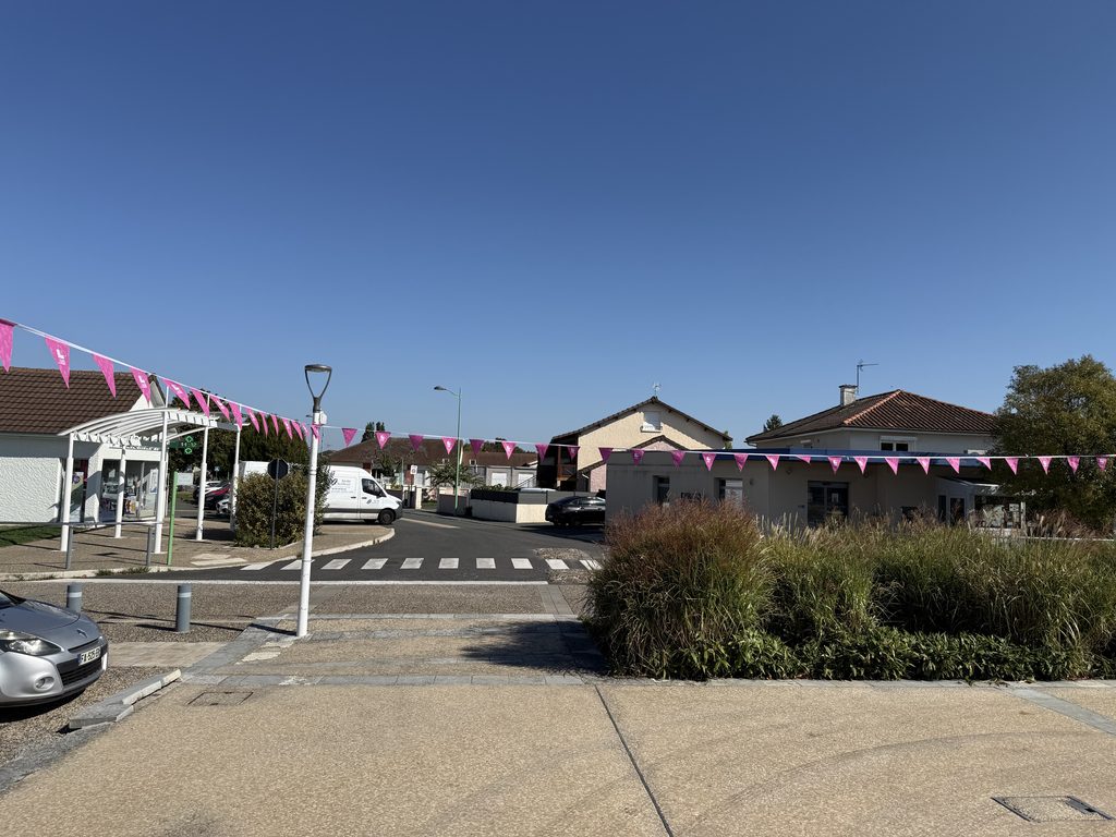 Résidence ensoleillée avec banderoles roses, rue calme, maisons mitoyennes et voiture garée, décor festif extérieur.