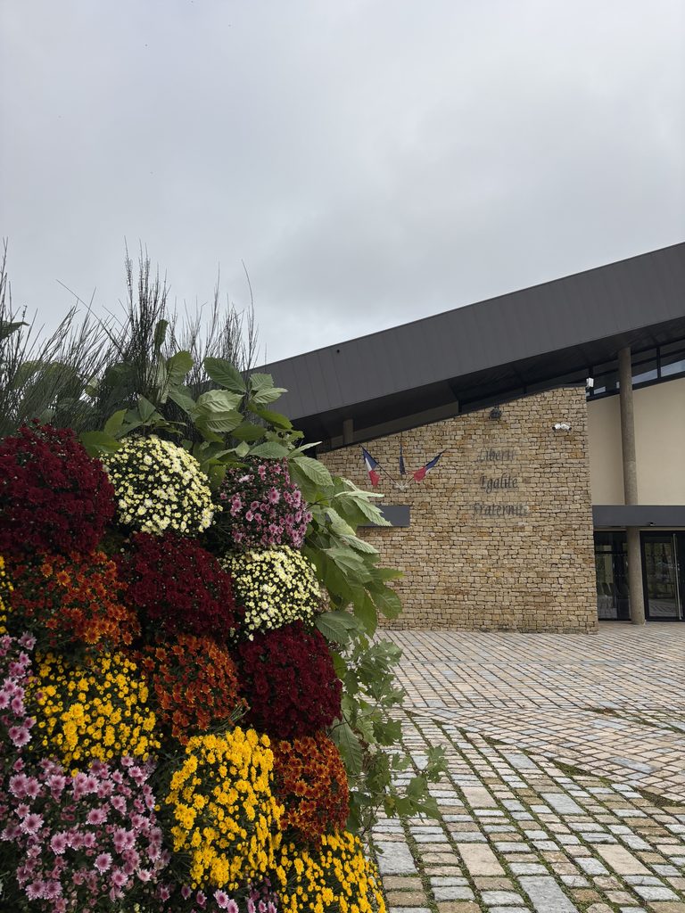 Bâtiment avec façade en briques, fleurs colorées en bordure et drapeaux français, ciel couvert.